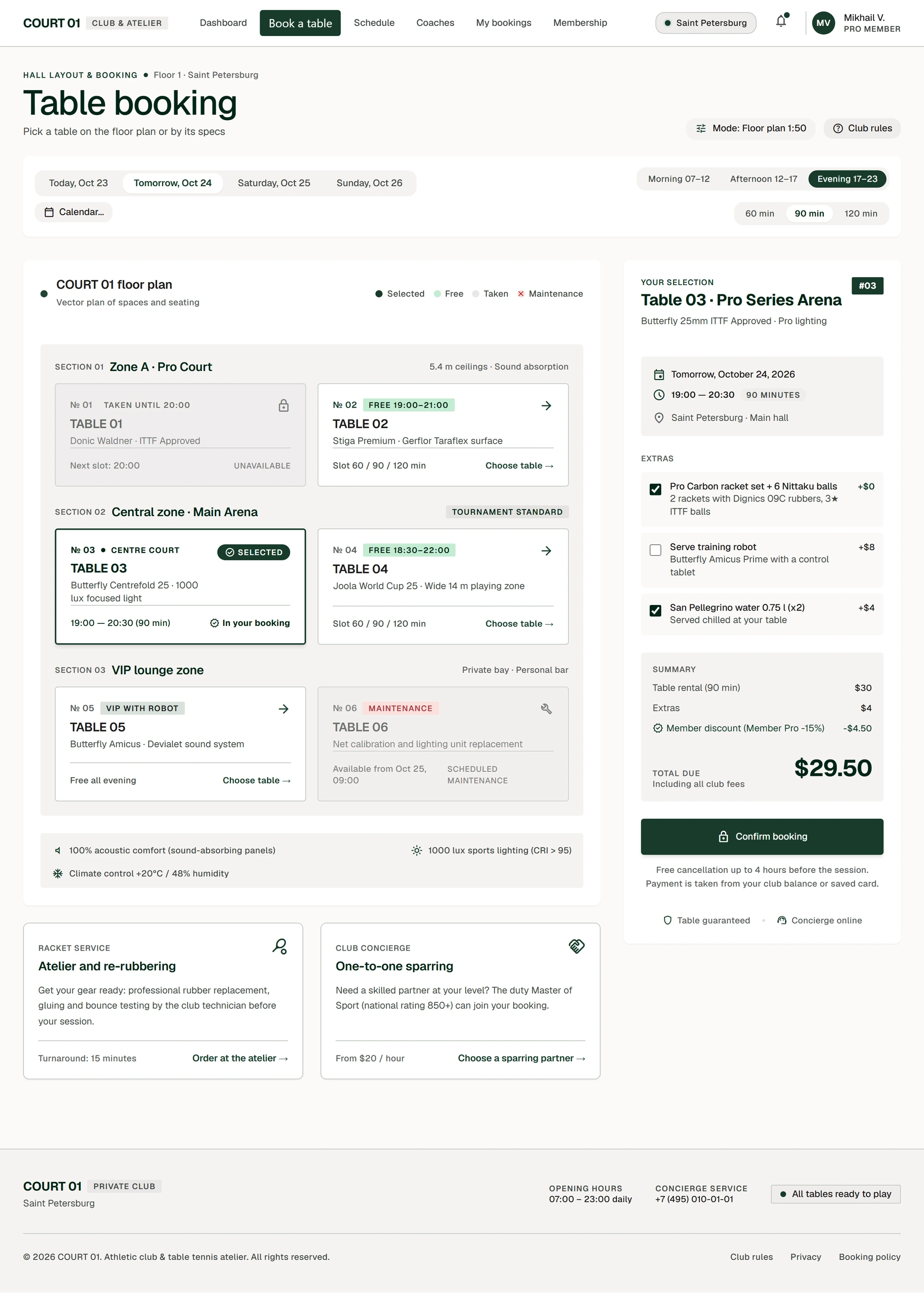 Booking a table on the floor plan, with extras and a price breakdown