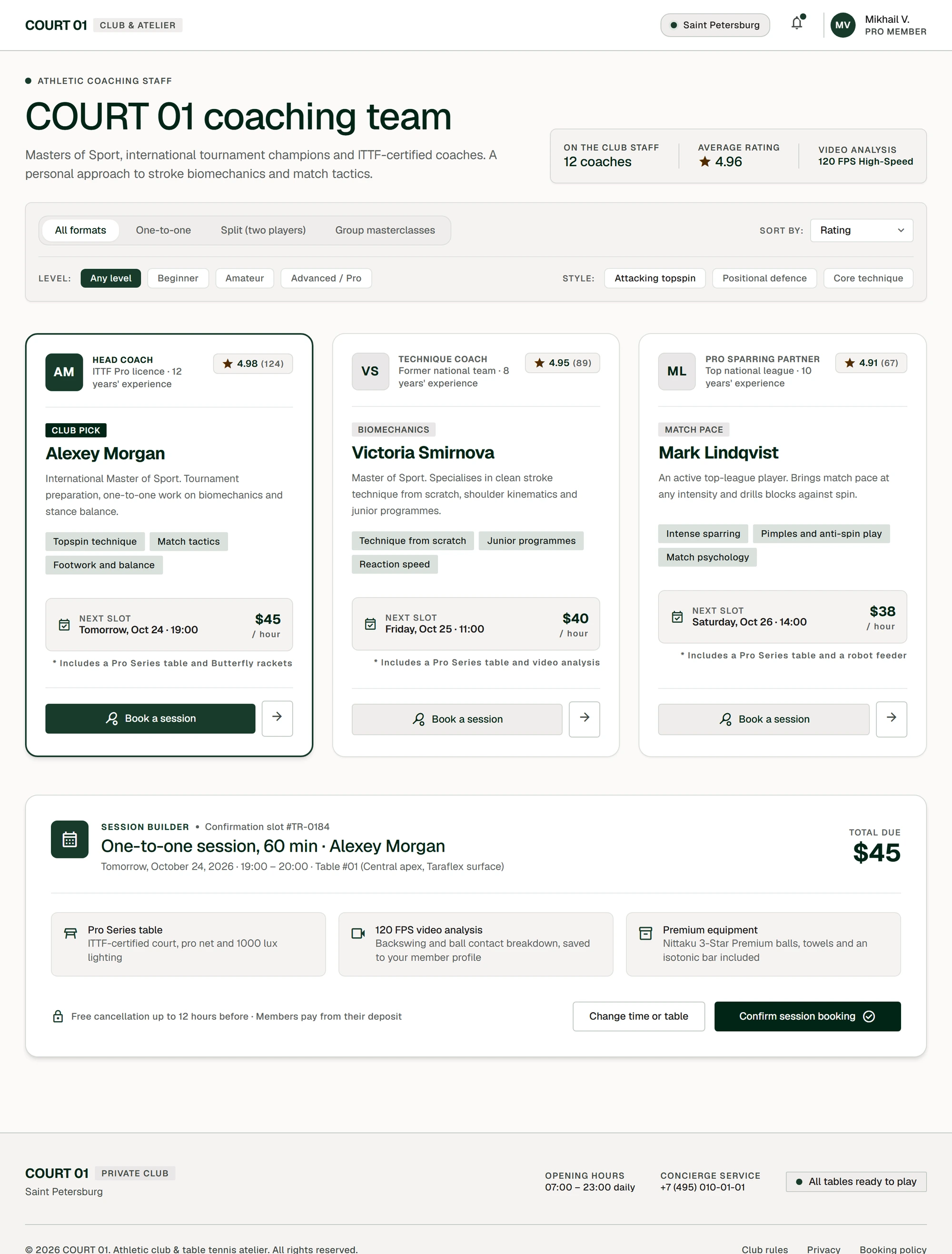 Coach directory with filters and a session builder