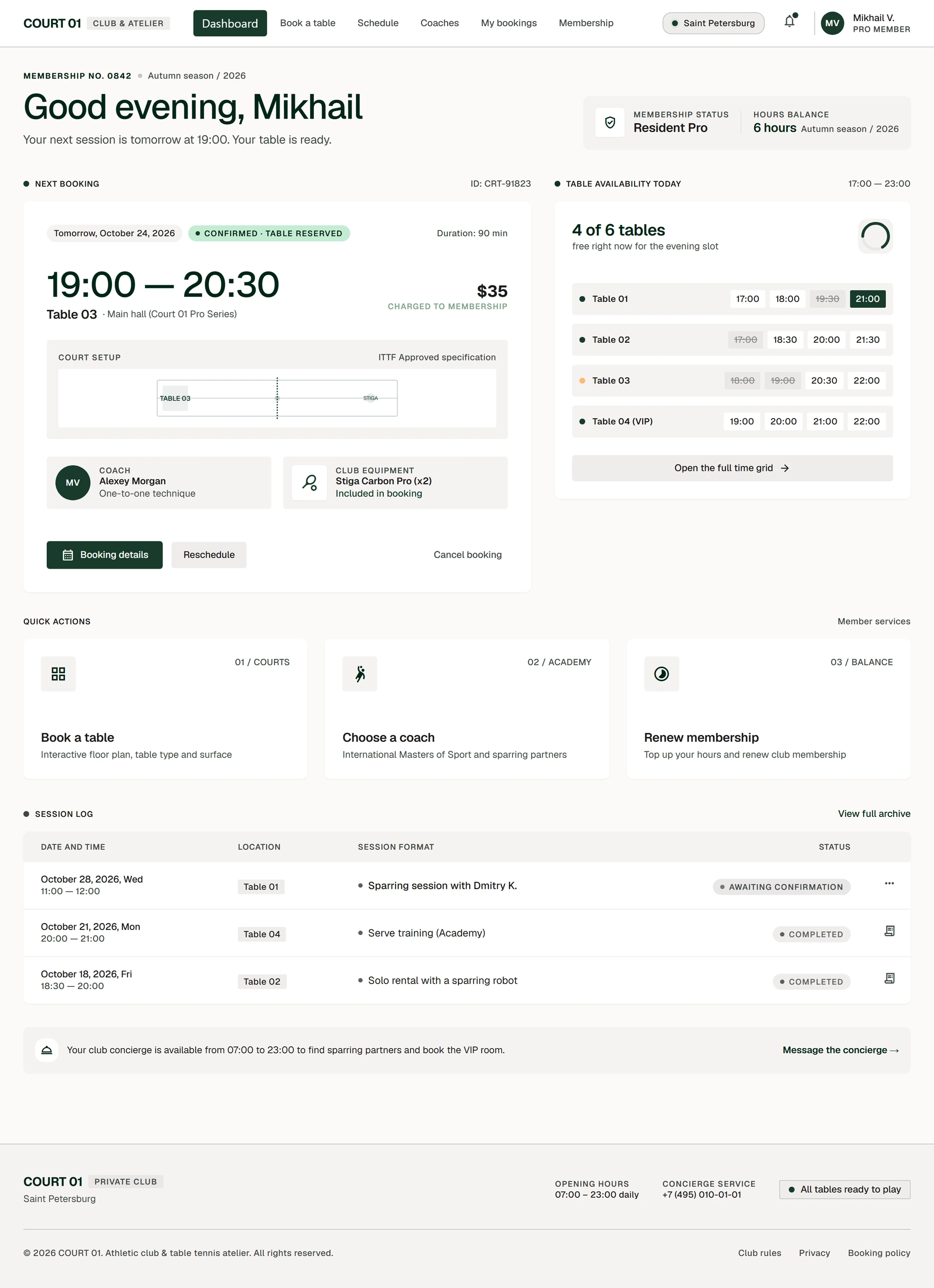 Member dashboard: next booking, hours balance, table availability