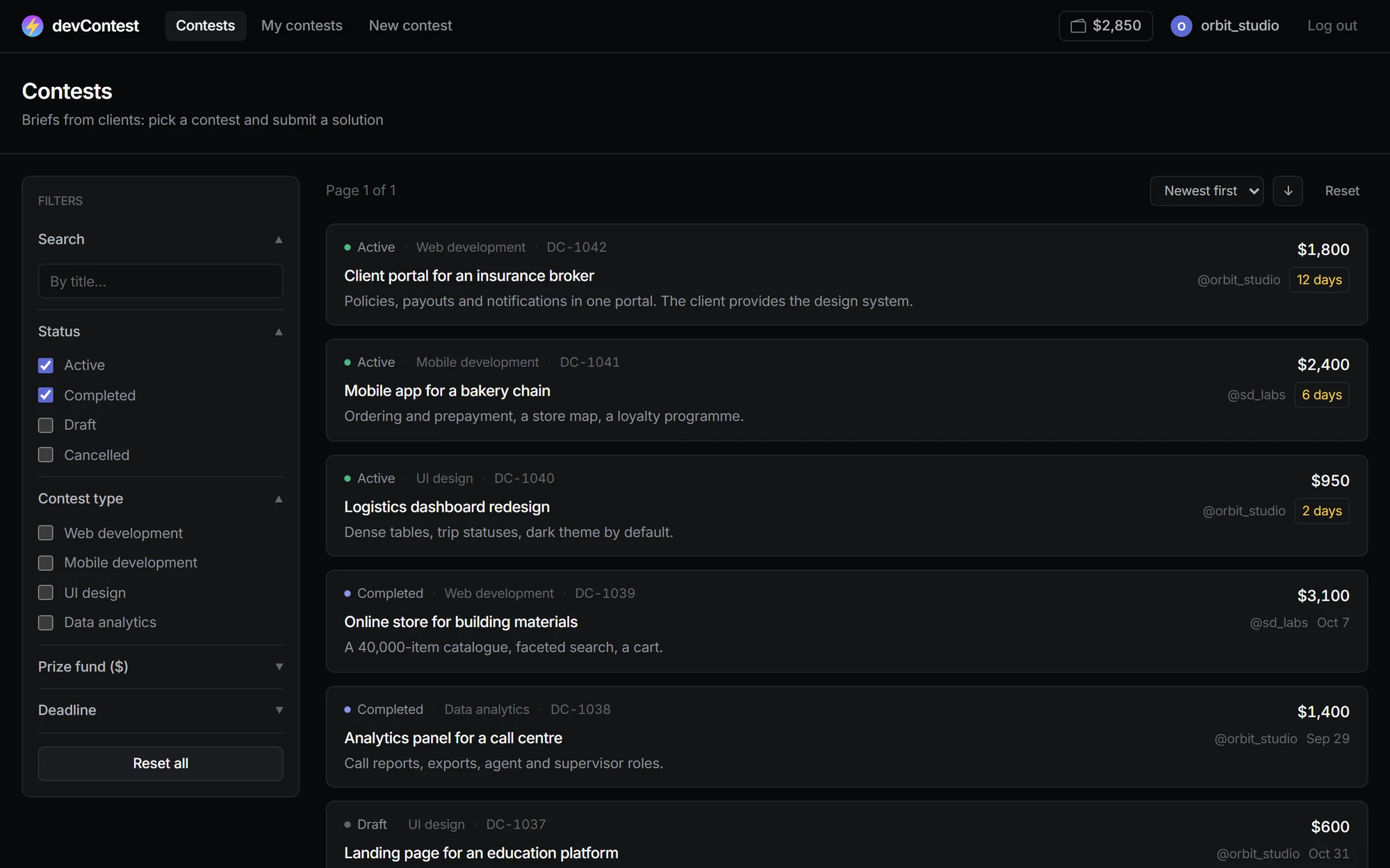 Contest list with filters by status, type and prize fund