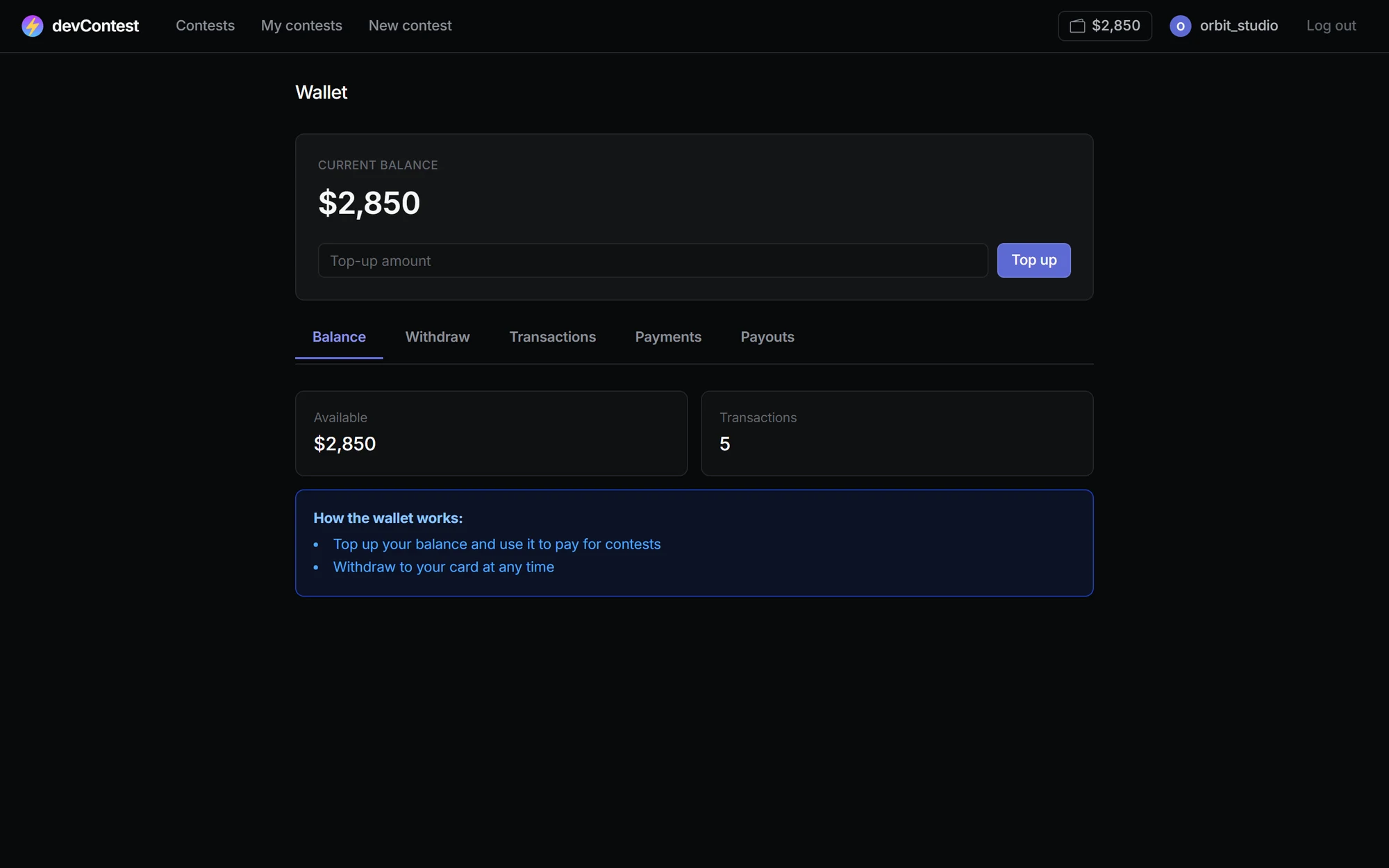 Wallet: balance, top-ups and transaction history