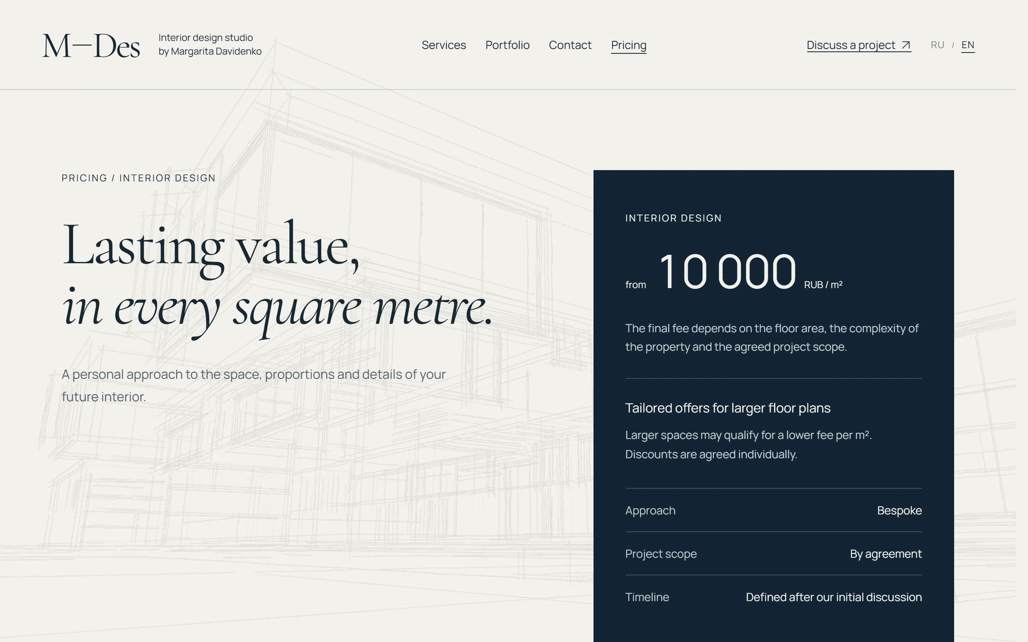 Pricing: design fees per square metre